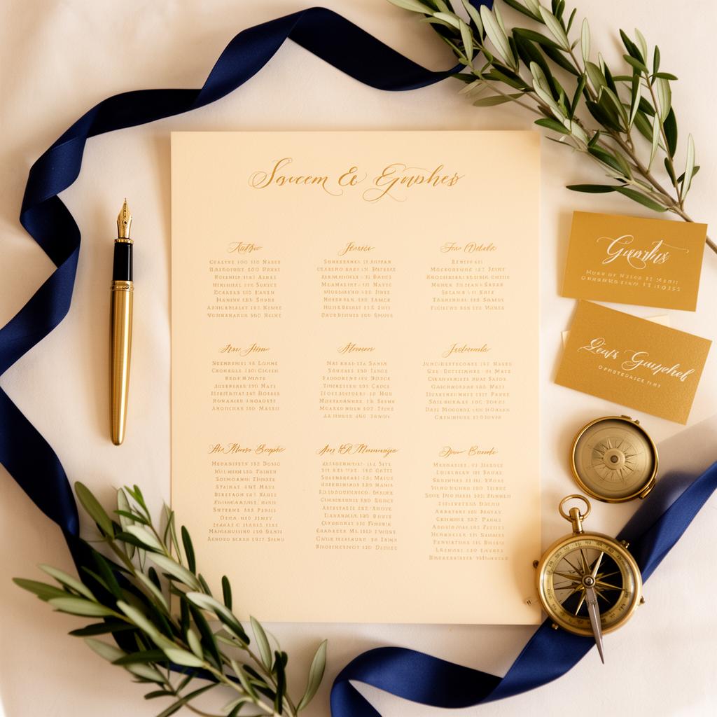 Elegant seating chart with calligraphy place cards and gold accents